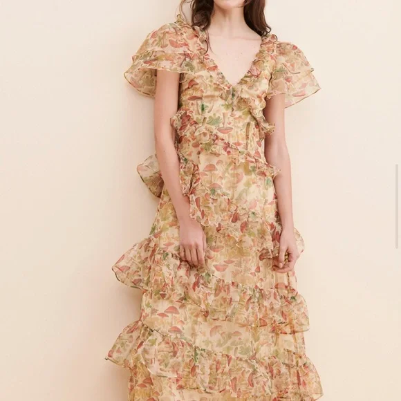 Selkie | Dresses | Selkie Pink Cream Maxi Dress With Flutter Sleeves |  Poshmark